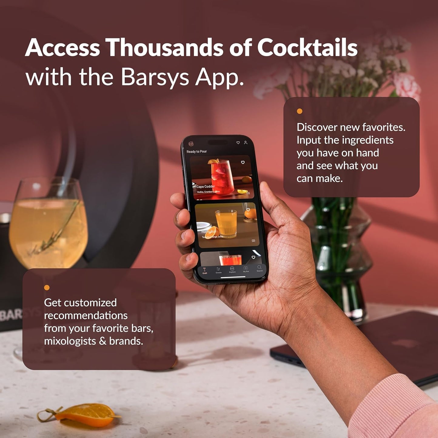 Home bar cocktail drink mixer, app-enabled personalized drinks